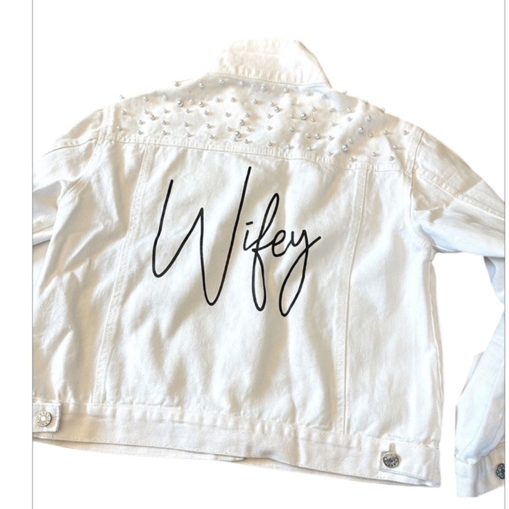 PRETTY ROBES  “wifey” pearl denim bridal  jacket